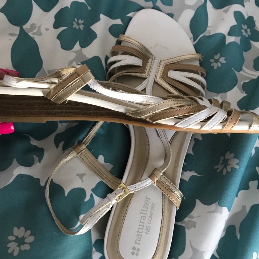 Gold, brown and white strappy sandals